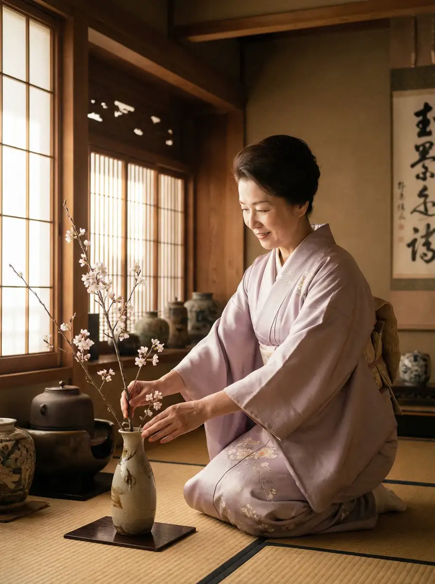 一位优雅的 茄子手机版 在和室中插花