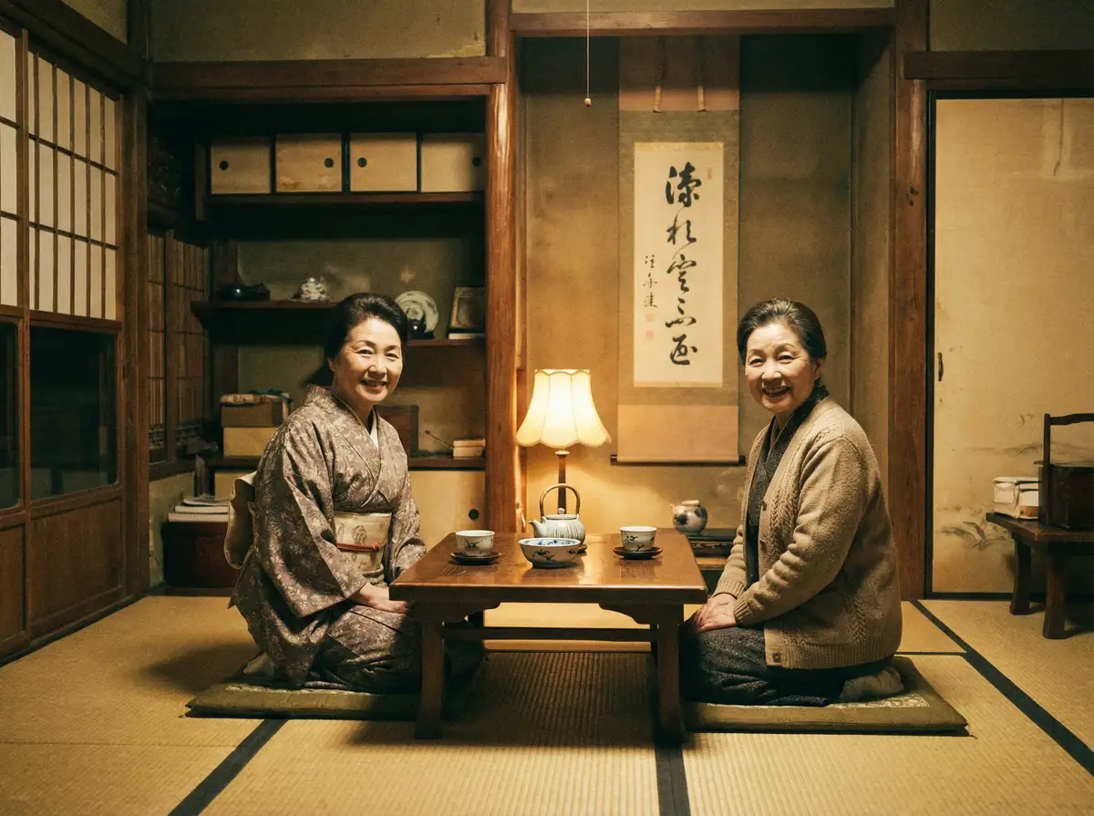 两位优雅的 茄子手机版 在日式茶室中品茶交谈